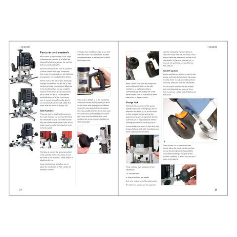 Super Solid Woodworking Router Manual Freshly Updated Paperback With Straight Fire Joinery Tips For Dead Simple Noobs And Level Two Cabinet Makers On The Block, showing pages with router features and controls.