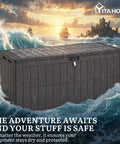 134 Gallon Waterproof Resin Deck Box with Lock, dark brown, ocean storm background