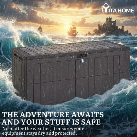 134 Gallon Waterproof Resin Deck Box with Lock, dark brown, ocean storm background
