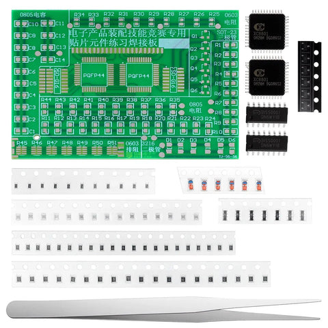 Hands On Solder Practice Board Kit For SMD Circuit Welding Training With Double Sided PCB 100 Plus Micro Resistors Capacitors And Logic Gates Clear Markings For Easy Soldering And Real Skill Building with components shown
