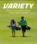 Two golfers walking on a green golf course carrying clubs, showcasing variety in flexes, heights, genders, and senior options.