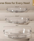 Three Pack Lazy Susan Turntable Organizer Set in 9.25 inch, 10.6 inch, and 12 inch sizes, clear plastic material, side view.