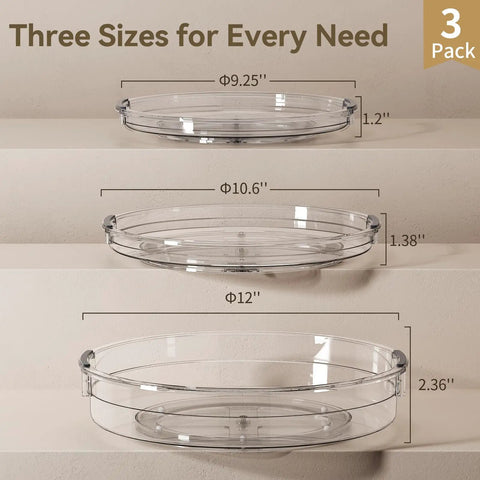 Three Pack Lazy Susan Turntable Organizer Set in 9.25 inch, 10.6 inch, and 12 inch sizes, clear plastic material, side view.