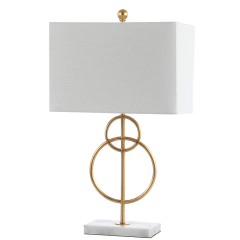 26 Inch Gold Leaf And White Marble Modern Circle LED Table Lamp With White Linen Shade For Living Room Glam Transitional Metal Desk Light LED Bulb Included