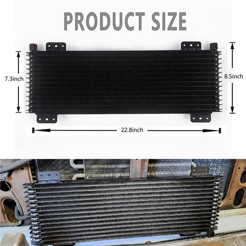 40k Transmission Oil Cooler Kit For Big Rigs And Trailers With Low Pressure Drop And Easy Mounting Hardware Black Finish Handles Up To 40000 GVW Durable Transmission Cooler Solution, dimensions shown.