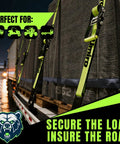 Top Shelf Ratchet Tie Down Straps With Flat Hooks 2 Inch By 15 Feet securing cargo on trailer with bright hooks at night.