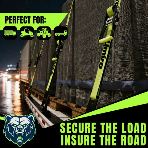 Top Shelf Ratchet Tie Down Straps With Flat Hooks 2 Inch By 15 Feet securing cargo on trailer with bright hooks at night.