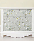 White dresser with Gray Floral Peel And Stick Wallpaper Removable For Walls, Self Adhesive Home Decor, Repositionable And No Residue.