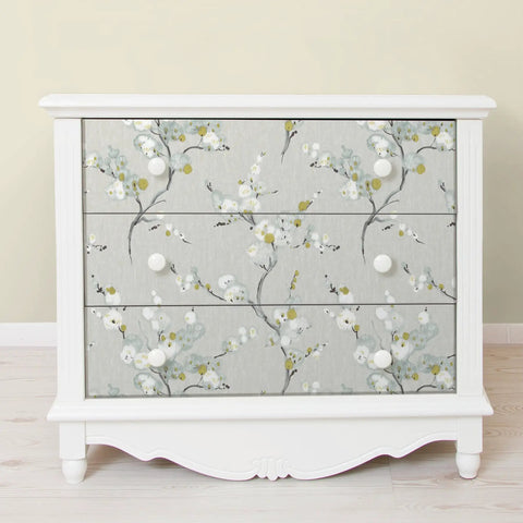 White dresser with Gray Floral Peel And Stick Wallpaper Removable For Walls, Self Adhesive Home Decor, Repositionable And No Residue.