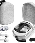Hard Carrying Case For Quest 3S And Quest 3, Quest 2 And Vision Pro VR Headset With Controllers in grey, shown open with VR headset inside.