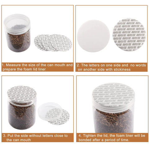 Foam lid liner for bottle caps, 45 mm (1.77 in); 50-pack PS foam with foil-seal backing.
Side view of liner disc; plain white face and foil-backed seal.
Liner positioned at the jar mouth before tightening the lid.
Tightened lid with foam liner bonded inside the jar.