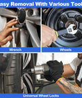 Using Spline Lug Nut Socket Set Eight Piece With Locking Lug Nut Removal Kit for wheel lock removal on car, hand with wrench