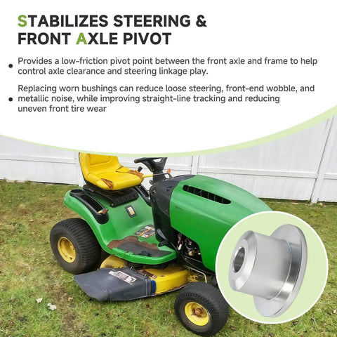 GX21137 Steering Linkage Front Axle Bushing For Classic Lawn Tractors shown on riding mower with yellow seat and silver bushing detail.