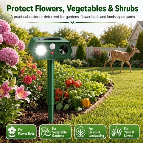 Solar Ultrasonic Deer Repellent Device 4 Pack With Motion Sensor And Flash Light No Go Zone Yard Guard For Flower Beds Vegetables And Gardens Deterrent For Deer Squirrels Raccoons And Rabbits With Multi Frequency 13 to 45KHz installed in garden