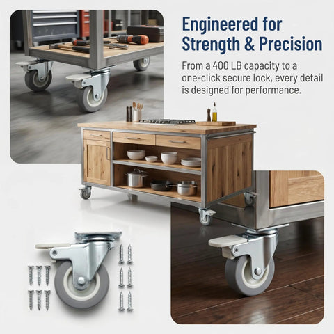 Top Shelf Heavy Duty 2 Inch Plate Casters Set Of 4 on a wooden kitchen cart showing steel frame and gray wheels.