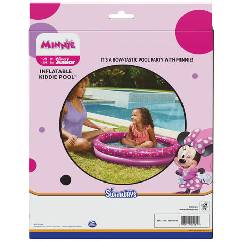 Minnie Mouse Kiddie Pool For Backyard Fun Inflatable Above Ground Pool With Easy Setup Durable Kid Friendly Pool Toy For Outdoor Play Great Minnie Theme Party Supplies And Pool Toy For Ages 3 And Up packaging with child in pool