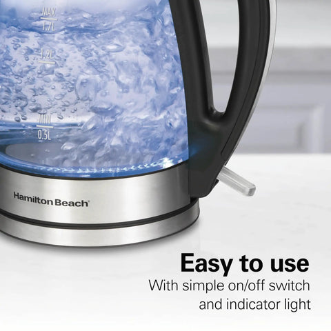 Close-up of a 1.7L Electric Kettle With Fast Boil 1500W, Water Boiler And Heater, LED Indicator, Brew in clear glass design.