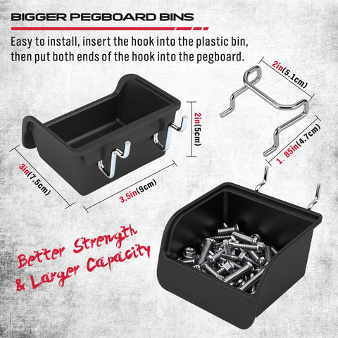 Heavy Duty 121 Piece Pegboard Hook Set With Chrome Metal Hooks Durable Pegboard Organizer Kit For Garage Or Shop Includes Pegboard Bins And Tool Utility Hooks For Easy Clutter Free Storage, shown with plastic bins and hooks.