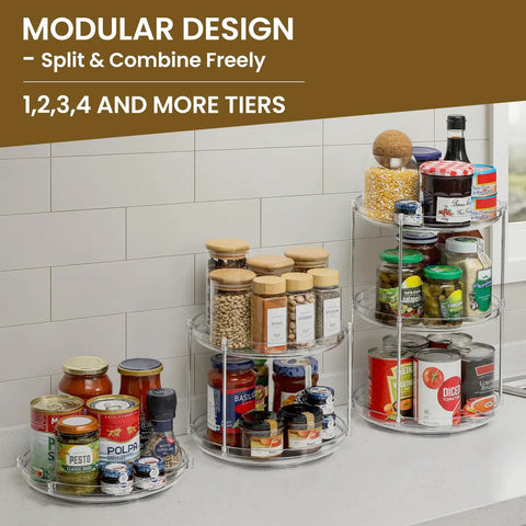 Two Tier Non Skid Acrylic Lazy Susan Turntable Organizer Rotating Spice Rack Spinning Tray For Kitchen Pantry Countertop Closet Bathroom Vanity Medicine Cabinet 9.25 Inch modular design shown with jars and cans.