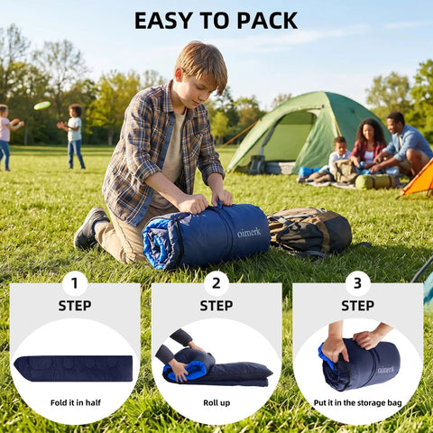 Child packing a Lightweight Three Season Camping Sleeping Bag For Adults And Kids With Compression Sack Ultra Compact Backpacking Gear