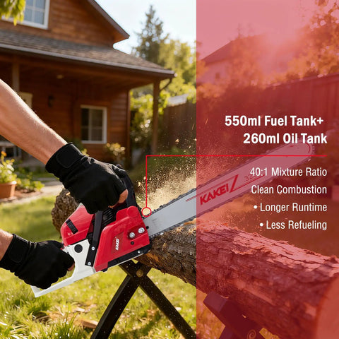 Person using Gas Chainsaw For Tree Cutting And Firewood, 61.5cc 3.8HP 2 Stroke Engine, Easy Start in garden