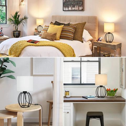 Two Modern Table Lamps For Bedroom Nightstand Dorm Or Office With White Fabric Shade And Black Metal Base Compact Desk Lamps