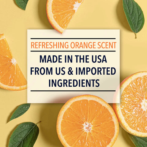 Close-up of Paint Remover Gel For DIY Projects with orange citrus slices and scent-label, emphasizing USA-made ingredients.