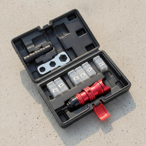 Heavy Duty Electric Rivet Adapter Kit With Premium Aluminum Housing And Textured Grip For Versatile DIY Projects Plus M4 Through 10mm Size Compatibility For Pros On The Go. Open case with red adapter and M3-M10 rivet heads