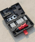 Heavy Duty Electric Rivet Adapter Kit With Quick Change Wrench And Multiple Size Heads For Fastener Conversions Perfect For Garage Work Or Tough Construction Jobs On Site. Red aluminum alloy rivet adapter kit with M3-M10 heads in case