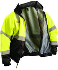 Open view of Three Way Class 3 Reflective Bomber Jacket With Roll Away Hood Waterproof 100 Percent Polyester Oxford With Sealed Seams 2 Inch Silver Reflective Tape Zipper Closure Black With Yellow Accents X Large