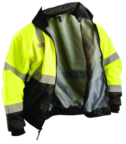 Open view of Three Way Class 3 Reflective Bomber Jacket With Roll Away Hood Waterproof 100 Percent Polyester Oxford With Sealed Seams 2 Inch Silver Reflective Tape Zipper Closure Black With Yellow Accents X Large