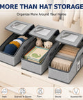Stackable Hat Organizer 2 Pack Baseball Cap Storage Rack with gray fabric bins for organizing caps and toys on a shelf.