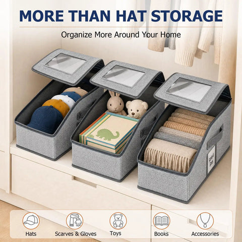 Stackable Hat Organizer 2 Pack Baseball Cap Storage Rack with gray fabric bins for organizing caps and toys on a shelf.