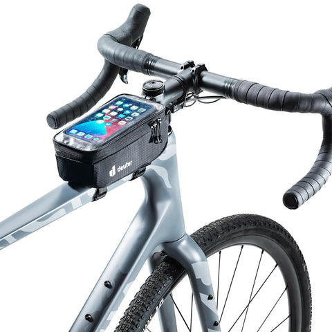 Phone Front Frame Bag With Touchscreen Window For Easy On Bike Access On Road And Gravel Biking attached to bicycle frame.