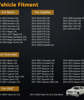 Chart showing vehicle fitment for Buick, Cadillac, Chevrolet, GMC models including Yukon, Escalade, and more options.
