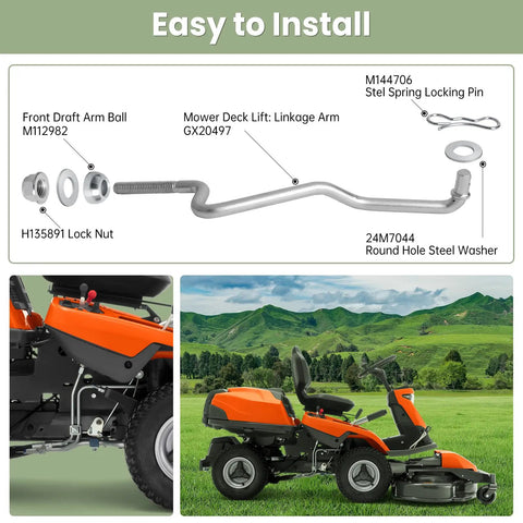 Front Draft Rod And Mower Deck Lift Linkage Arm Kit For 100 Series Tractors Pro Grade Replacement Mounting Hardware M112982 H135891 24M7044 M144705 Included Compatible With 102 105 107H 107S 115 125 155C 190C 92H Models. Installed on orange riding tractor mower deck linkage