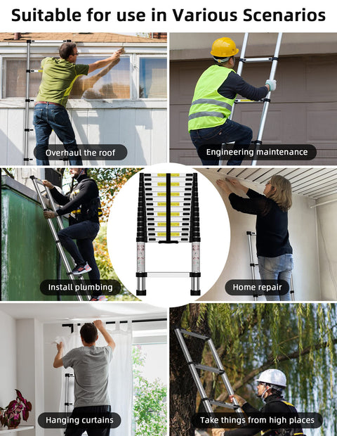 Heavy Duty Fourteen And A Half Feet Telescoping Ladder For Indoor And Outdoor Use in various tasks like plumbing and roofing