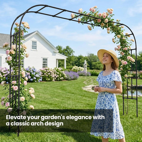 Extra Large Garden Arch Trellis Heavy Duty Galvanized Metal Driveway Archway For Climbing Plants Outdoor Yard Decor 98.4 Inch Long Or 94.8 Inch High 126 Inch Long Ultra Wide Option Rust Proof For Weddings Parties And Garden Ceremonies with woman standing under flowery arch