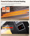 Close-up of portable infrared space heater for indoor and outdoor use with remote control, showing heat levels and controls.