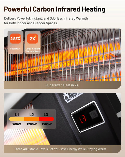Close-up of portable infrared space heater for indoor and outdoor use with remote control, showing heat levels and controls.