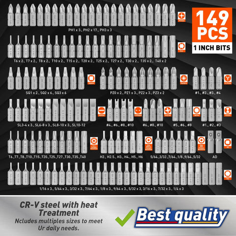 149 pieces from the 258 Piece Ultimate Screwdriver Bit Set With Chrome Vanadium Bits Security Bits Nut Drivers Extensions And Bit Holder