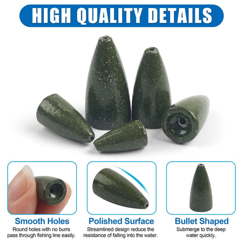 Assorted Lead Slip Weights 60-Piece Grab-And-Go Box Kit for Bass Fishing with Bullet-Shaped Sliding Sinkers, Close-Up View