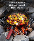 Preseasoned Carbon Steel Frying Pan 10 Inch Skillet With Removable Silicone Handle, Built to Last, Indoor Outdoor Ready, Induction and Oven Safe, Fast Heating, Natural Nonstick Finish That Only Gets Better With Each Use, cooking over campfire with colorful veggies and meat