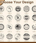 KAINSY custom branding iron designs: grid of twenty circular logo stamps (CBI-1 to CBI-20) on beige background.