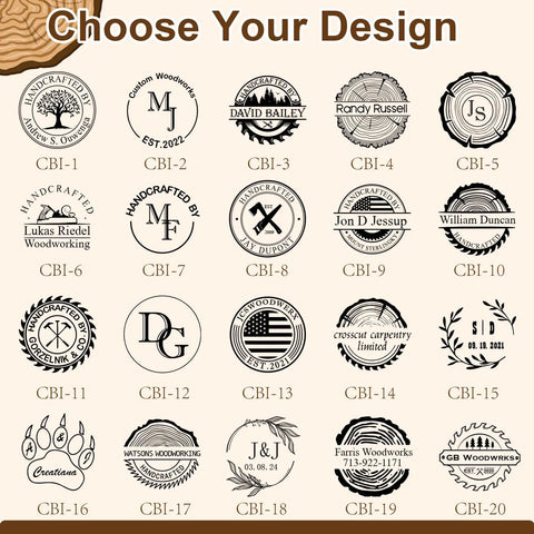 KAINSY custom branding iron designs: grid of twenty circular logo stamps (CBI-1 to CBI-20) on beige background.