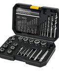 26 Piece Bolt And Screw Extractor Set With Hex Adapters And HSS Drill Bits Heavy Duty Easy Out Kit For Bustin Stripped Damaged Rusted Bolts And Nuts Now in open case showing drill bits, removers, and adapters.