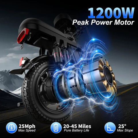 Rear view of 1200W Folding Electric Bike For Adults And Teens, 25 MPH Peak Power, showcasing motor and tire in action