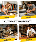 Upgraded Cordless Electric Box Cutter With Self Sharpening Blades And Safe Lock For Easy Cutting Cardboard, Leather, Plastic used on fabric, carpet, cardboard, and leather.