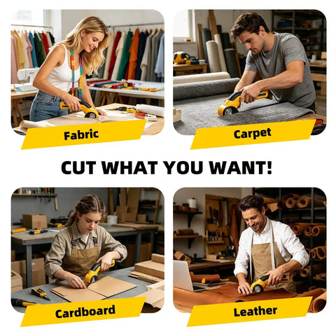Upgraded Cordless Electric Box Cutter With Self Sharpening Blades And Safe Lock For Easy Cutting Cardboard, Leather, Plastic used on fabric, carpet, cardboard, and leather.