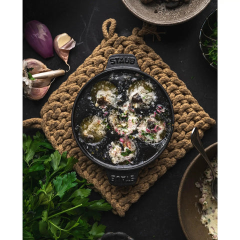 Cast Iron Escargot Dish With Six Holes, 5.75 Inch, Matte Black, Oven Safe To 500F, Brass Knob, Enamel Bottom